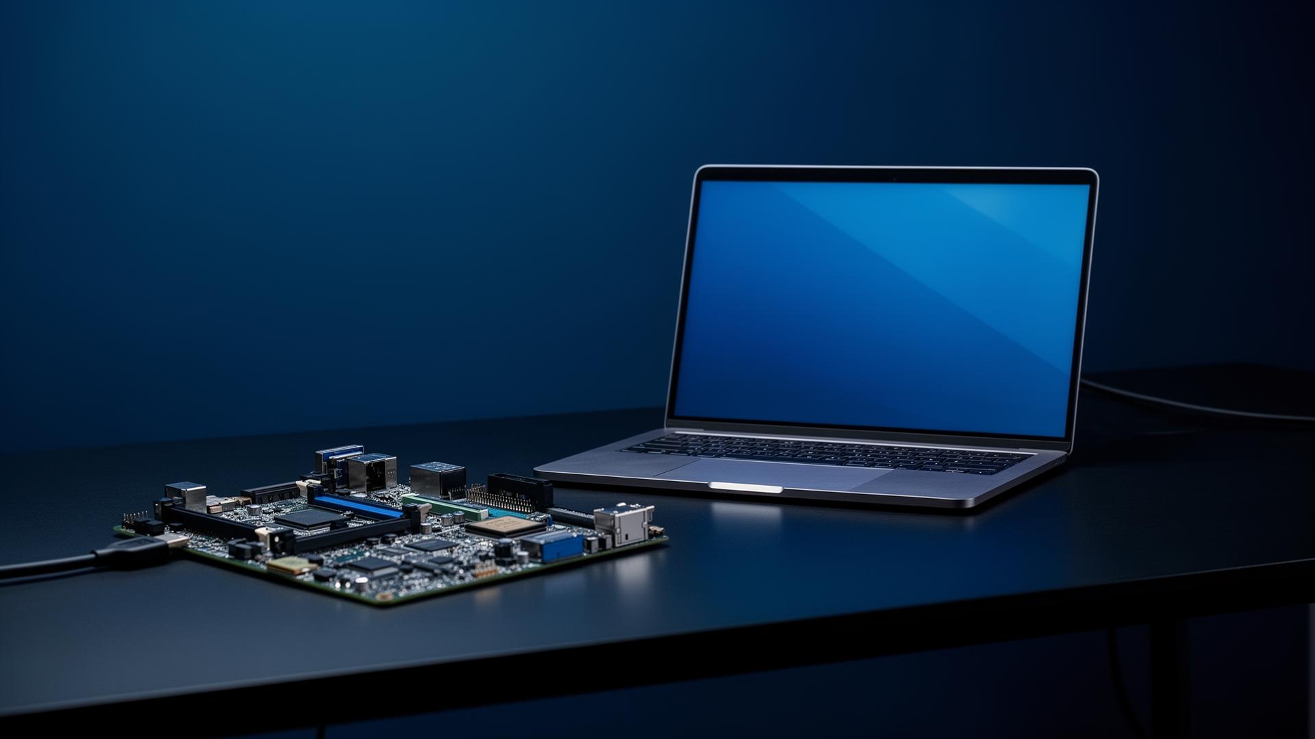 Postazione professionale con laptop e componenti hardware